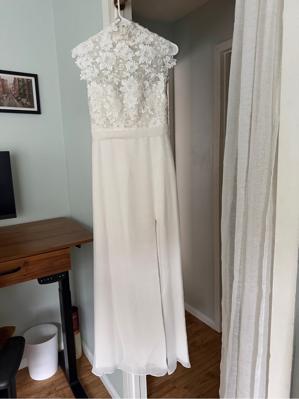 Ivory Lace Top Satin Skirt Evening Gown